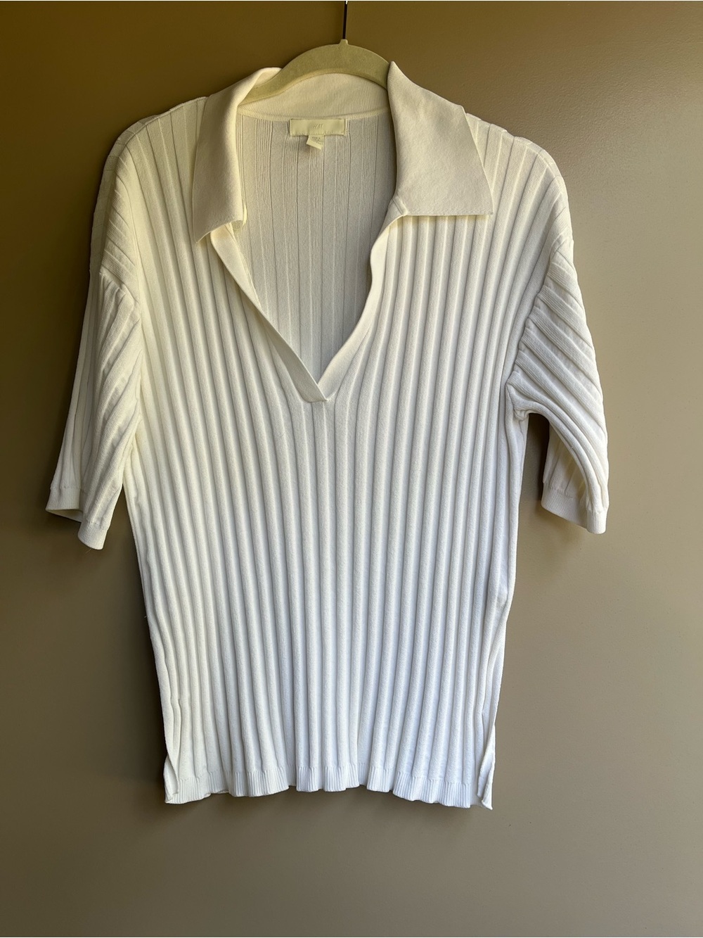 H&M Cream Ribbed Short-Sleeve Polo Top